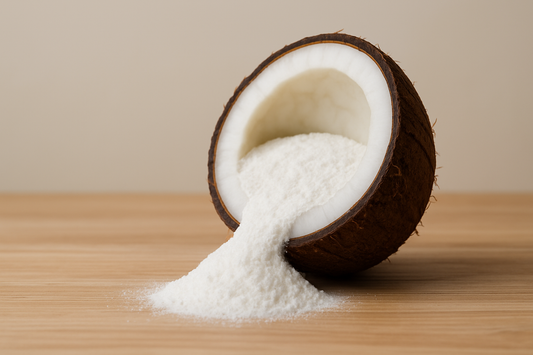 MCT coconut powder pouring out of a coconut shell