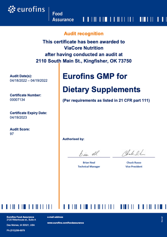 Eurofins GMP for Dietary Supplements Certification, 2022