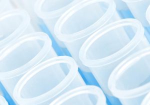 Close-up photo of plastic tubes with blue liquid