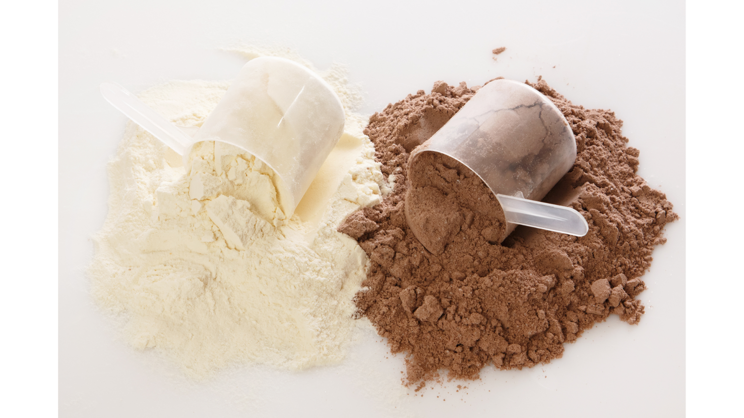 Vanilla and chocolate protein powder with scoops
