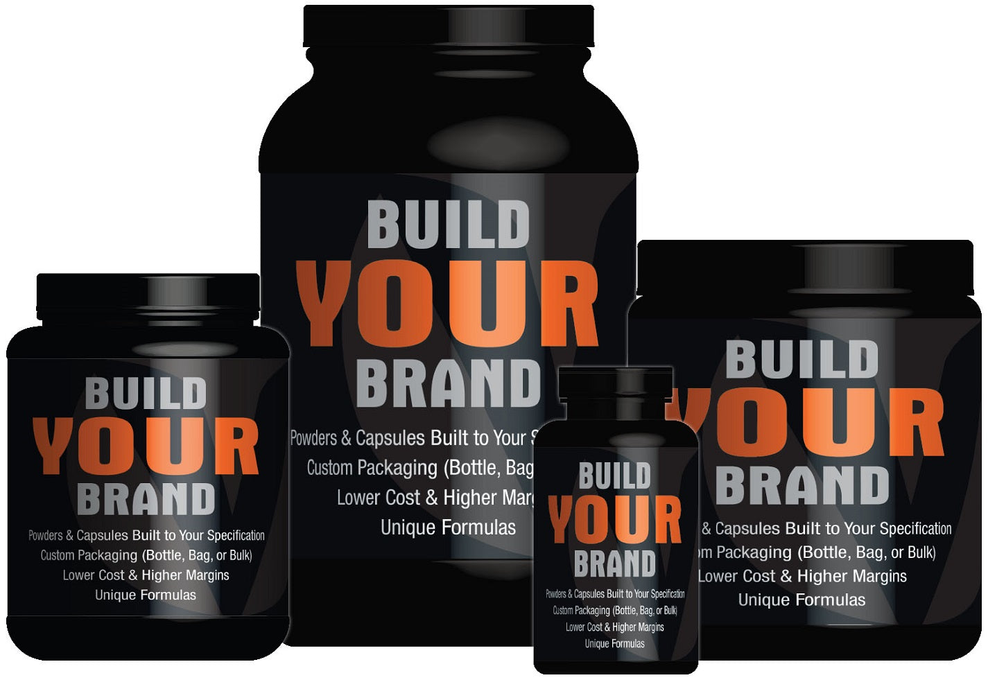 Four black plastic canisters of different sizes with "Build Your Brand" labels
