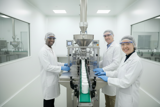 Employees working with a bottle filler machine for powdered products
